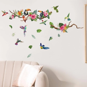 Tropical bird and floral wall stickers for living room decor with hummingbirds and leaves
