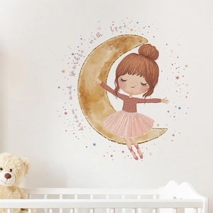 Sticker Mural Petite Fille de Ballet Assise Sur La Lune Avec Étoiles Autocollants Muraux Décoratifs en PVC pour Chambre d'Enfant