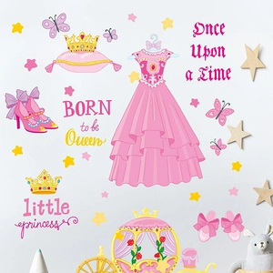 Princess theme wall stickers with pink dress, pumpkin carriage and stars for girls room