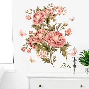 Stickers muraux pivoines roses et papillons style rétro pour décoration de salon