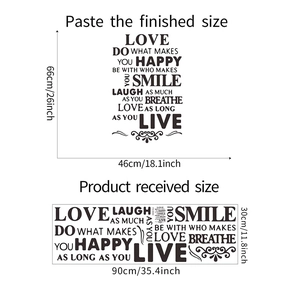 Détail de stickers muraux avec citations LOVE et SMILE, dimensions finales 46x66cm