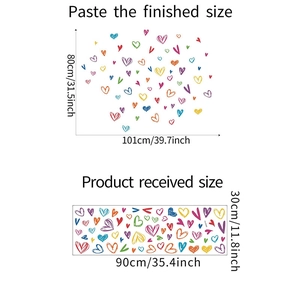 Detailed size chart for colorful heart wall stickers showing finished and received dimensions