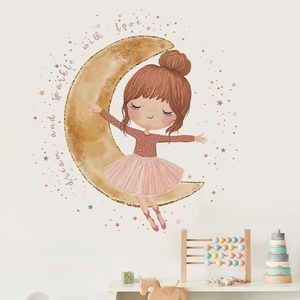 Sticker mural enfant fille sur lune dorée avec étoiles pour décoration de chambre rose