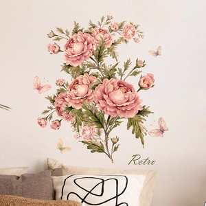 Stickers muraux rétro de pivoines roses et papillons aquarelle pour décoration