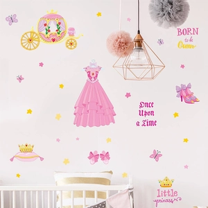 Pink Princess Castle wall stickers set with carriage and crowns for girls room decor