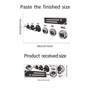 Detailed size guide for DIY audio control wall decal showing layout and finished dimensions