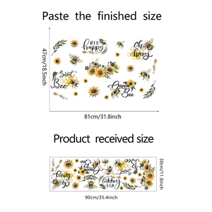 Detailed size comparison for sunflower and bee wall decals with dimensions in cm and inches