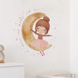 Sticker mural petite fille sur la lune avec étoiles pour décoration de chambre d'enfant