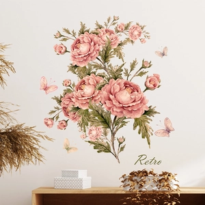 Stickers muraux pivoines roses rétro avec papillons pour décoration intérieure romantique