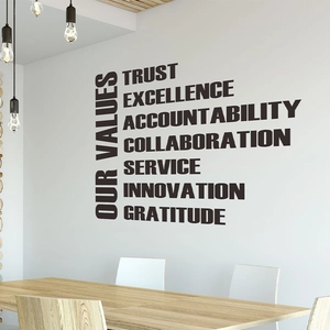 Stickers muraux de bureau avec valeurs d'entreprise comme confiance et innovation