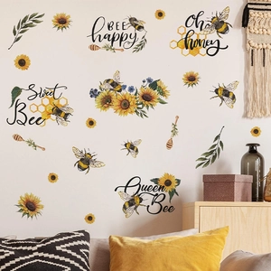 Self-adhesive cartoon sunflower and bee wall decals with Bee Happy motivational quotes