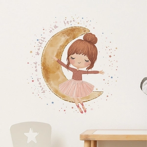 Sticker mural enfant petite fille sur lune avec texte Dream and Sparkle