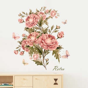 Stickers Muraux Rétro Pivoine Rose Avec Papillons PVC Auto-Adhésif Mural Amovible pour Salon Chambre à Coucher Décor Maison