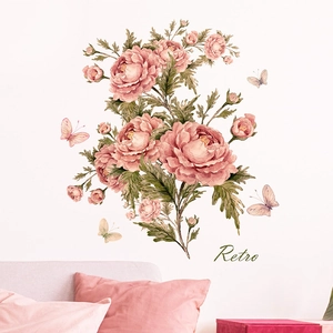 Stickers muraux pivoines roses et papillons pour une déco de chambre vintage chic