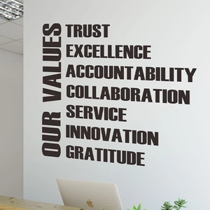 Sticker mural de bureau Our Values avec Trust et Innovation sur un mur blanc pur