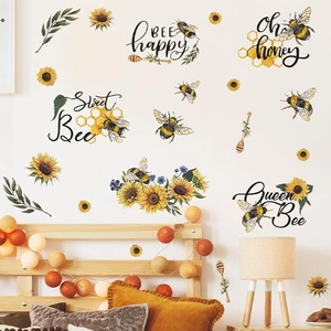 Cartoon bee and sunflower wall decals for bedroom decoration with 'Bee Happy' text