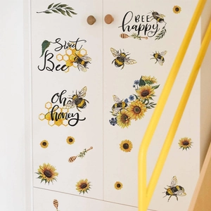 Cartoon sunflower bee wall stickers with bee happy quotes for bedroom glass decor