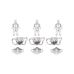 Detailed view of silver DIY alloy pendants featuring N95 mask and protective suit shapes