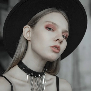 Gothic punk black leather choker with silver metal spikes and long tassel chains for women