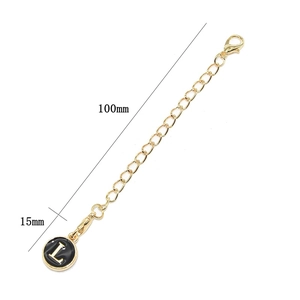 Golden keychain extender with black enamel L letter pendant and lobster clasp attachment