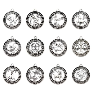 Vintage Zinc Alloy Round 12 Zodiac Sign Pendants Antique Silver Hollow Out Astrological Charms For Necklace Jewelry Making