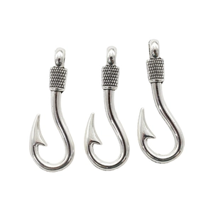 Three antique silver fish hook pendants in vintage alloy for DIY jewelry necklace making