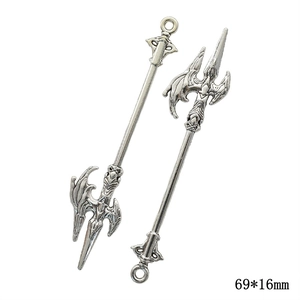 Pair of vintage silver alloy halberd sword charms for DIY jewelry 69x16mm size