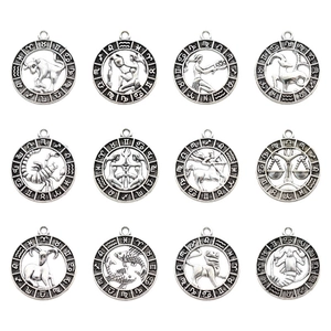 Vintage Zinklegierung Rund 12 Sternzeichen Anhänger Altsilber Hohle Astrologische Charms Für Halskette Schmuckherstellung