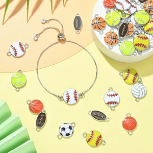 Adjustable silver bracelet with colorful enamel sports ball charms including baseball and basketball