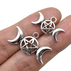 Vintage silver triple moon goddess pendant with pentagram for DIY jewelry making