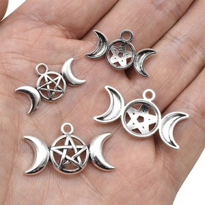 Vintage silver triple moon pentagram charms for DIY jewelry making in palm size view