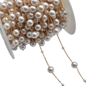DIY gold copper chain with 8mm and 3mm white pearls on a spool for jewelry making