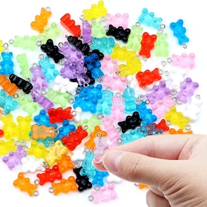 Colorful resin gummy bear charms set with silver rings for DIY jewelry making