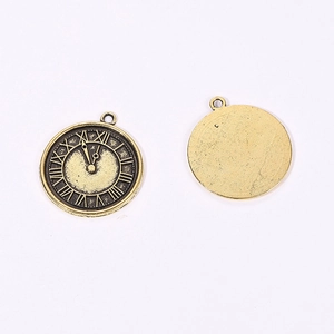 Detail view showing front and back of vintage steampunk clock pendant with Roman numerals
