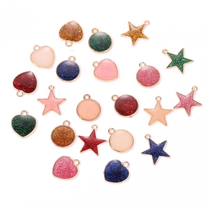 Glittery heart and star alloy charms with gold borders for DIY jewelry making