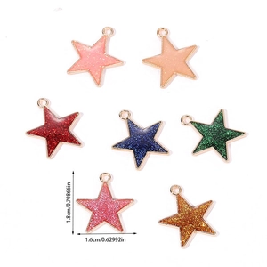 Detailed macro view of seven colorful glitter resin star pendants with gold frames
