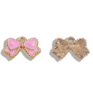 Pink enamel butterfly bow pendant with gold metal edges and bead texture finish