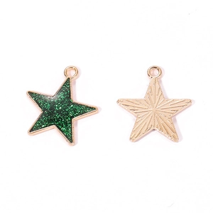 Star-shaped alloy pendants with green glitter inlay and golden radial pattern