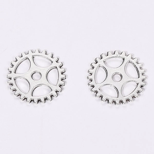 Pair of 15mm silver steampunk gear charms with four-spoke design for DIY jewelry making