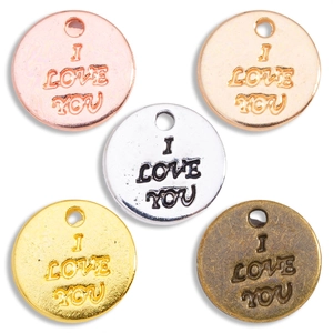 10mm alloy I Love You round charm pendants in mixed metallic finishes for DIY jewelry making