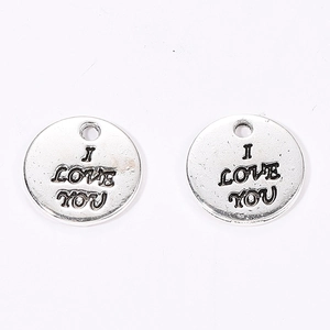 Silver round alloy charms with I Love You engraving for DIY jewelry making