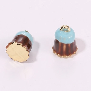 3D miniature Canelé dessert charms with blue enamel finish and gold-plated hardware
