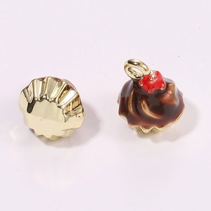 3D miniature chocolate dessert pendant with red bow and gold base for DIY jewelry