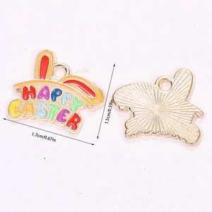 Detail showing front and back of Happy Easter bunny ear pendant with size dimensions