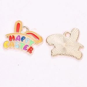 Detail of Happy Easter bunny enamel charms with colorful drip oil finish and gold plating