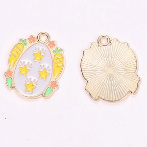 Detailed front and back view of Easter egg charms with purple enamel and yellow stars