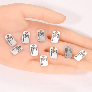 Set of 10 antique silver alloy ID tags with name and blood type fields for DIY jewelry