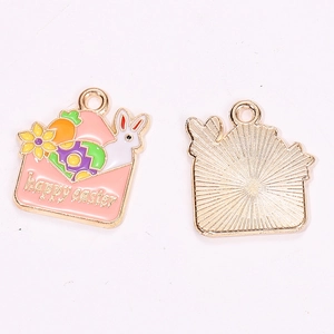 Detail of pink enamel Happy Easter envelope charms with bunny and egg motifs