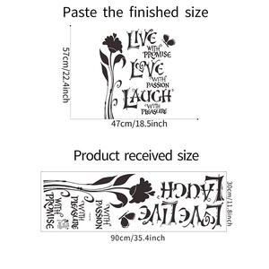 Detailed view of motivational quote wall decal with flowers and dimensions showing 57x47cm