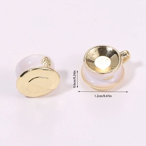 Miniature white and gold coffee cup charms showing 1.2cm width and 0.6cm height details
